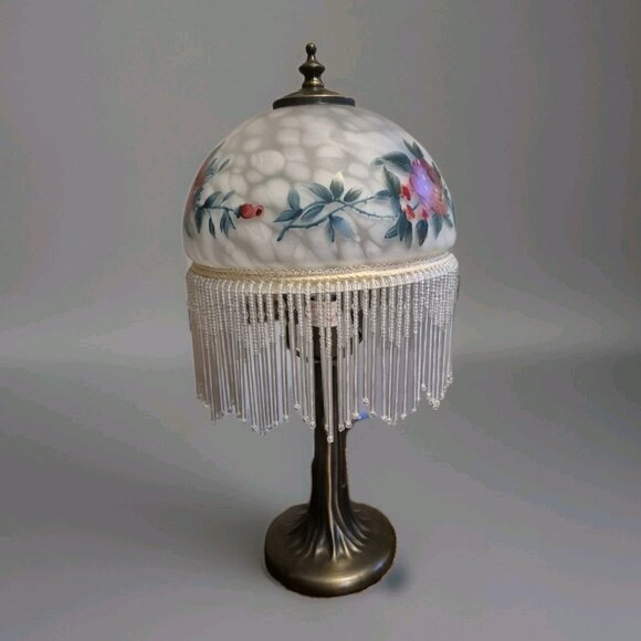 Vintage Shabby Chic Cottage  18" Boudoir Lamp Rose Floral  Beaded Frosted Shade - Picture 2 of 5